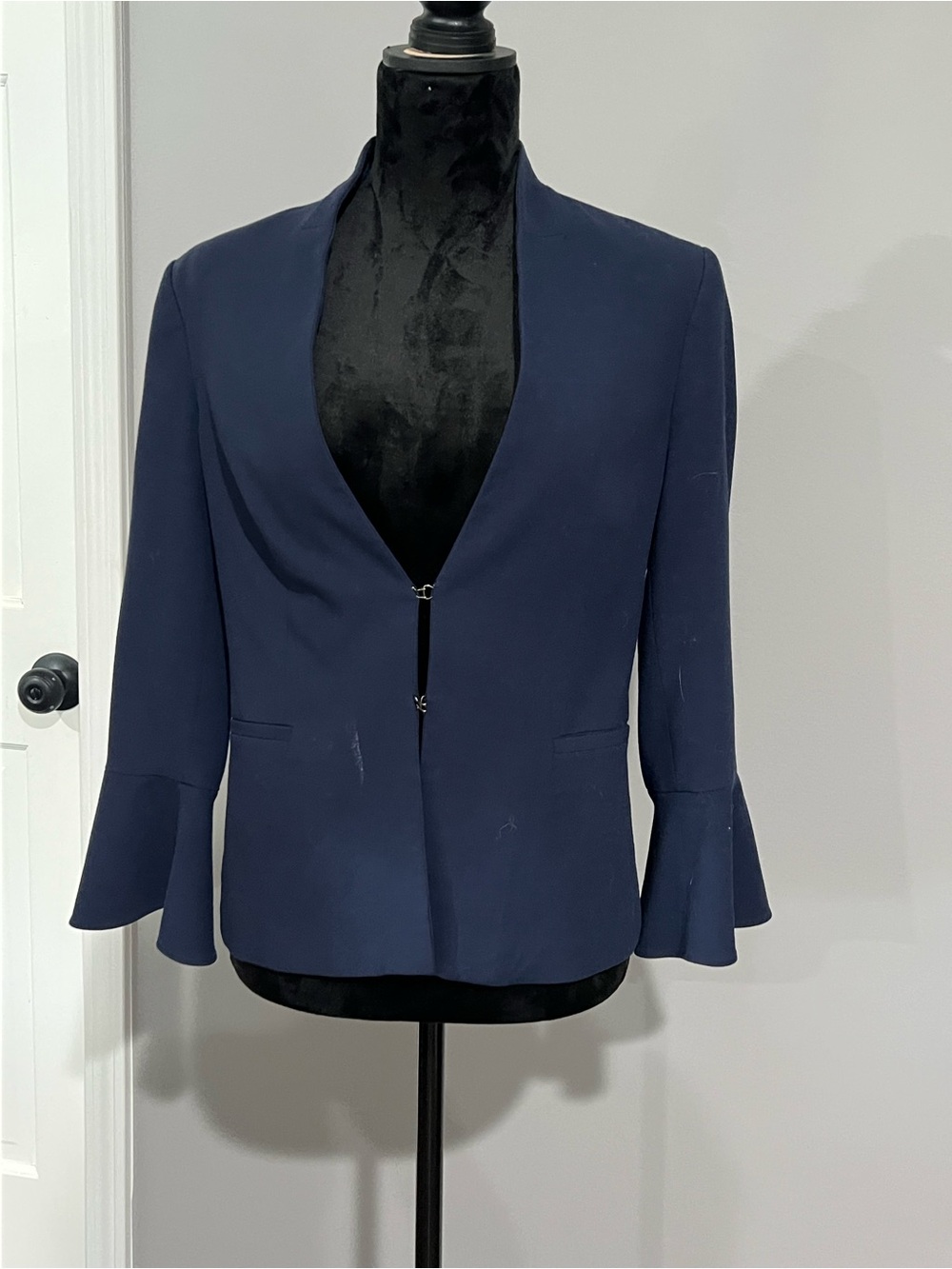 Navy Open-Front Blazer with Ruffle Sleeves